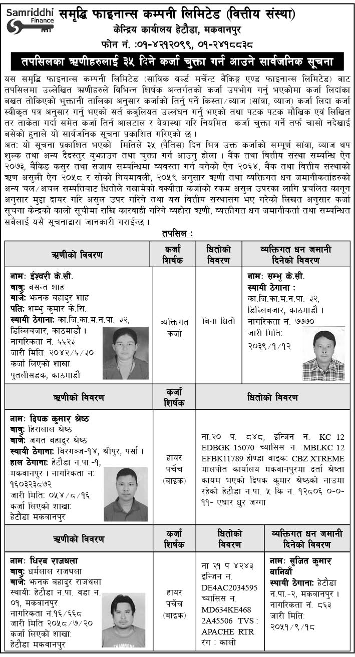 ऋणी हरुलाइ ३५ दिन भित्र  कर्जा चुक्ता गर्न आउने सार्बजनिक सूचना 